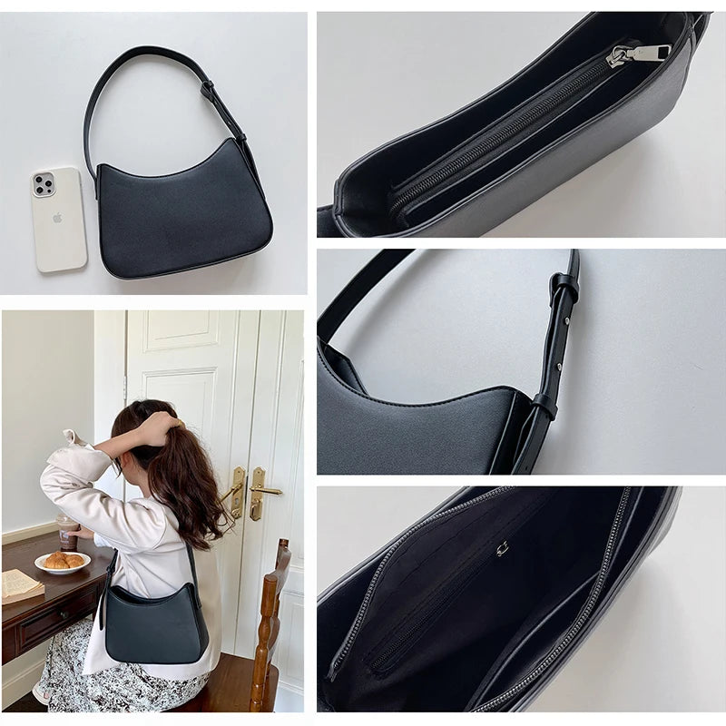 Women's PU Leather Zipper Underarm Bag Travel Handbag