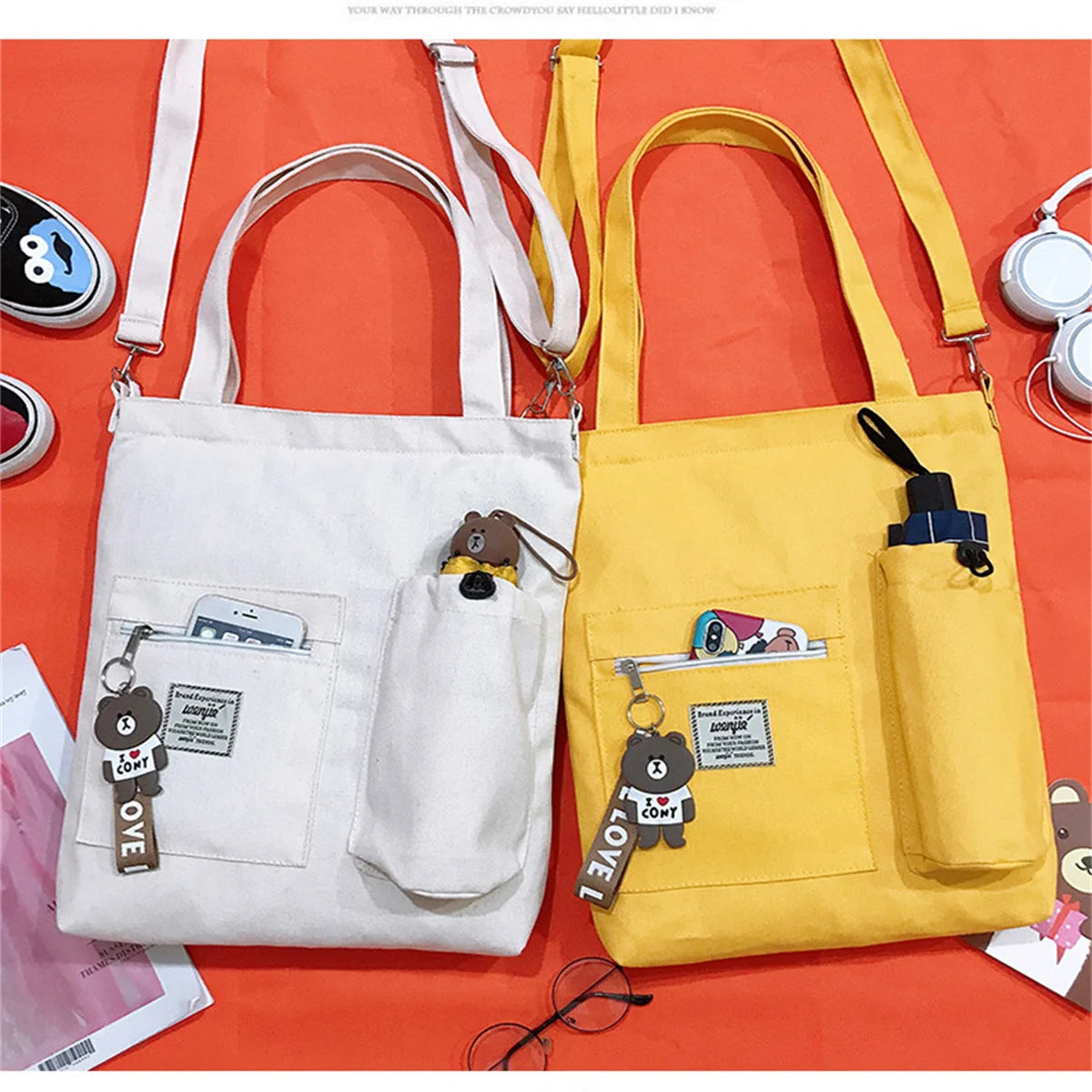 Canvas Solid Color Tote Bag Long Strap Large Shop Handbag Purses