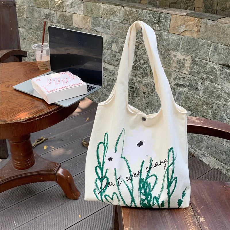 Canvas Shoulder Bag Flower Print Tote Handbag Large Capacity
