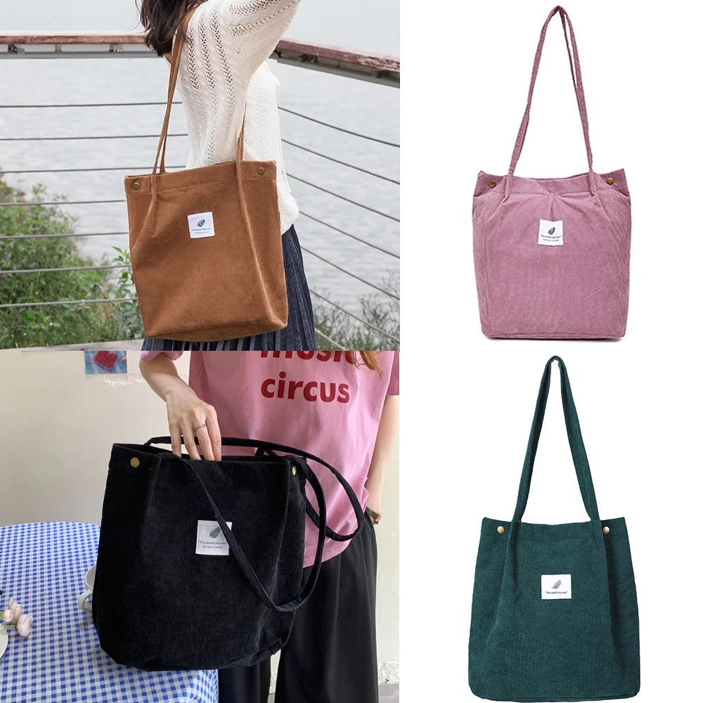 Corduroy Shoulder Bag Reusable Shopping Tote Foldable Handbag