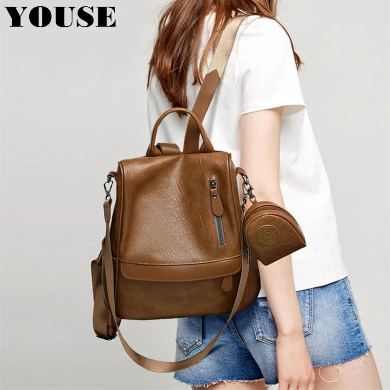 Waterproof Leather Backpack Stylish Casual College Bag