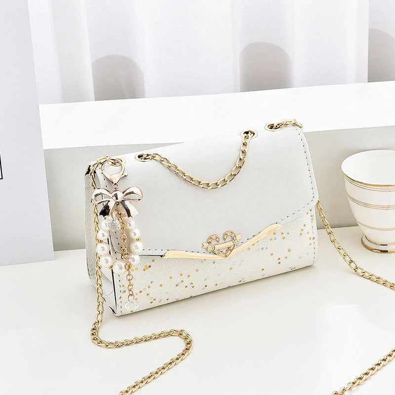Women's Messenger Bag with Bows and Pearls Chain Bag