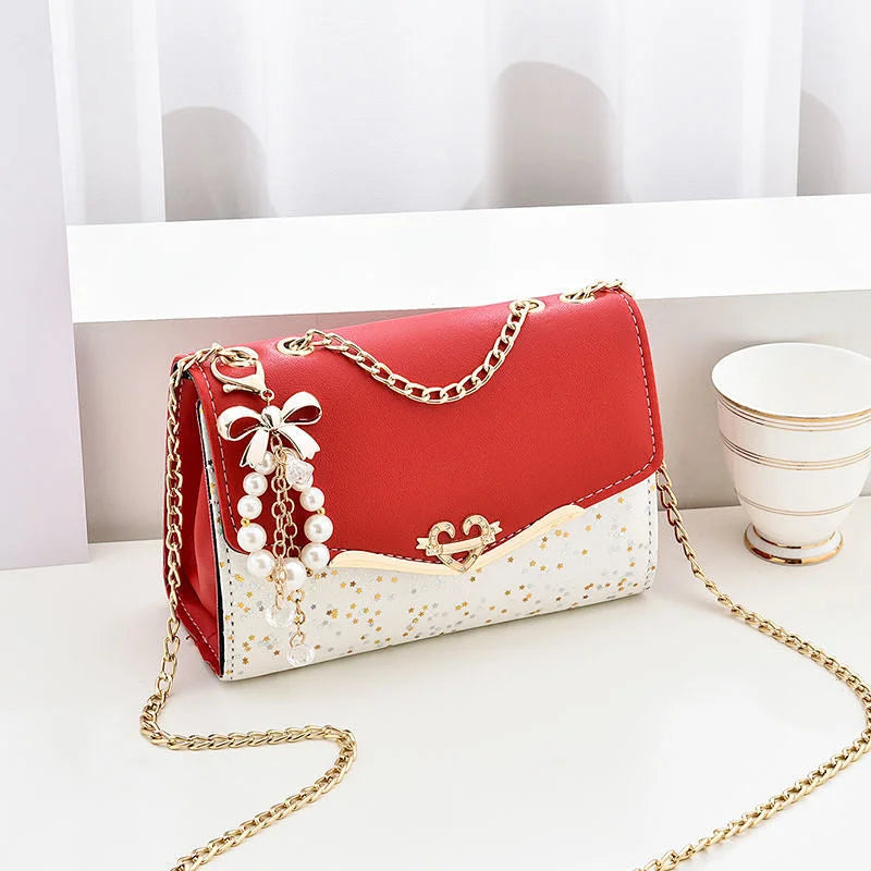 Women's Messenger Bag with Bows and Pearls Chain Bag