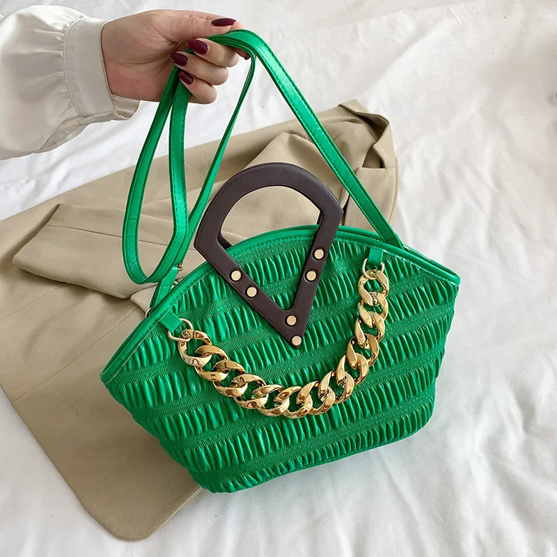 Pleated Shoulder Bag Metal Chain Clutch Purse Large Capacity Hobos Bag