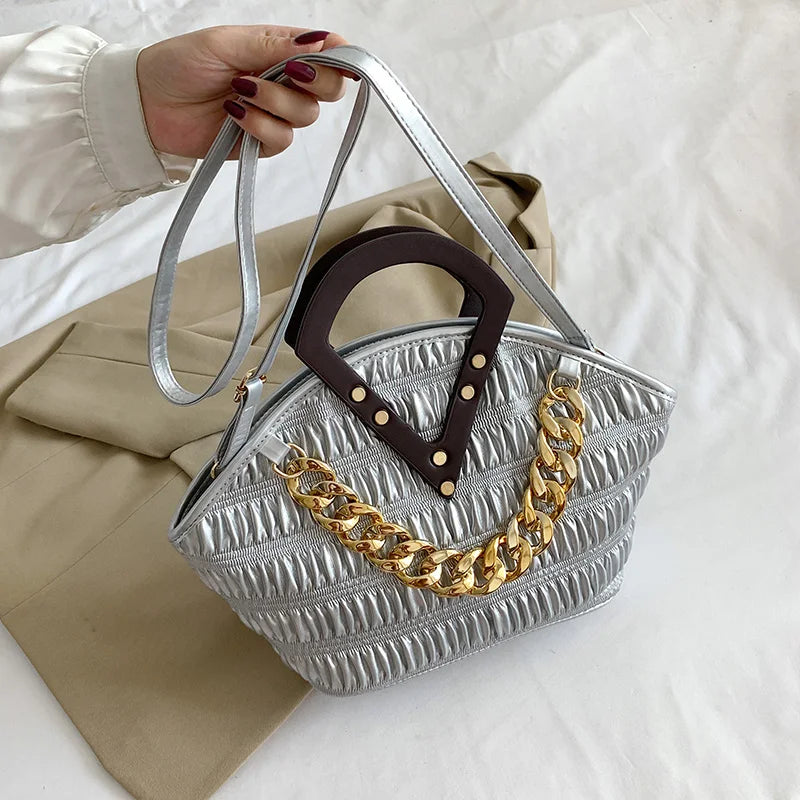 Pleated Shoulder Bag Metal Chain Clutch Purse Large Capacity Hobos Bag
