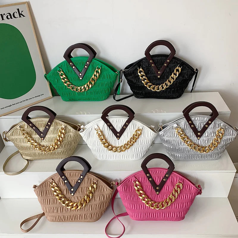 Pleated Shoulder Bag Metal Chain Clutch Purse Large Capacity Hobos Bag