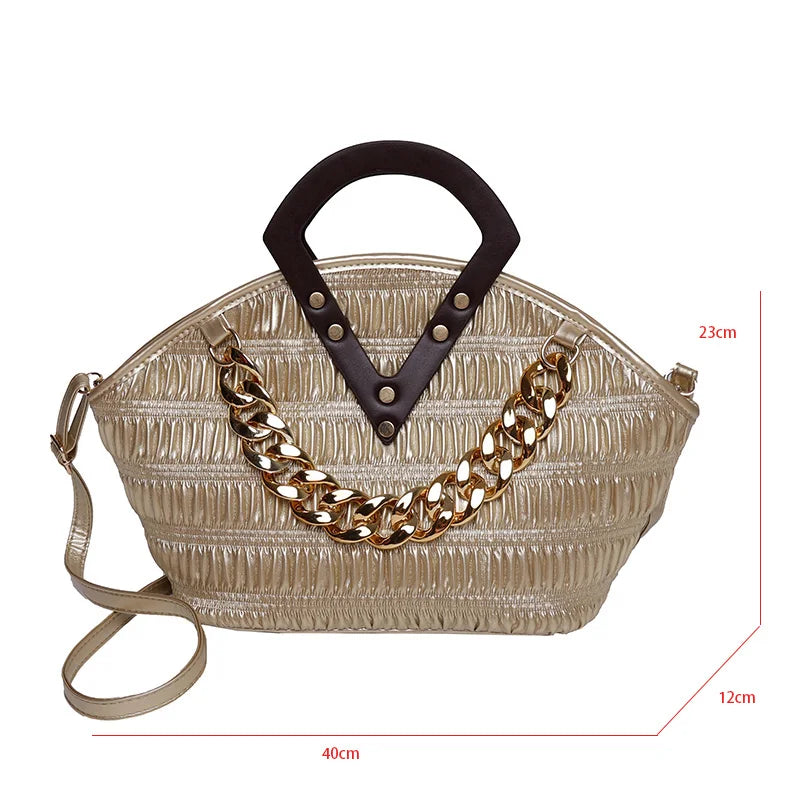 Pleated Shoulder Bag Metal Chain Clutch Purse Large Capacity Hobos Bag