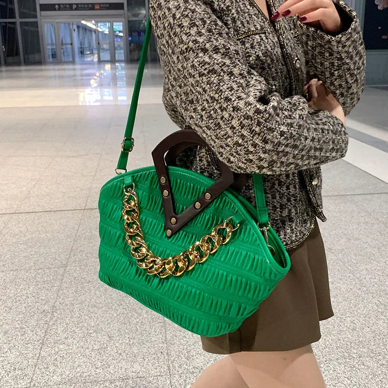 Pleated Shoulder Bag Metal Chain Clutch Purse Large Capacity Hobos Bag