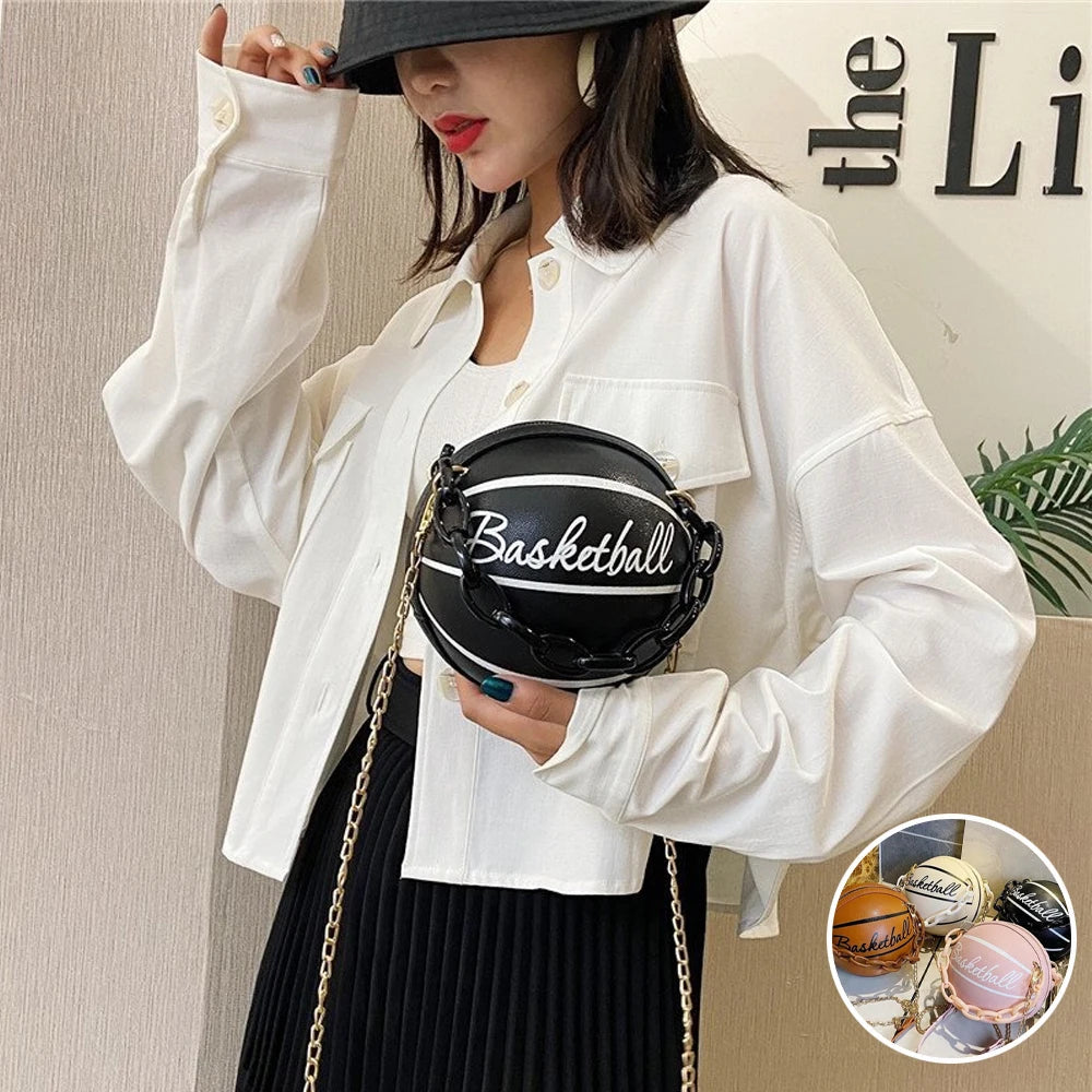 Basketball Shape Women Bag Solid Round Shoulder Acrylic Chain Messenger Handbag
