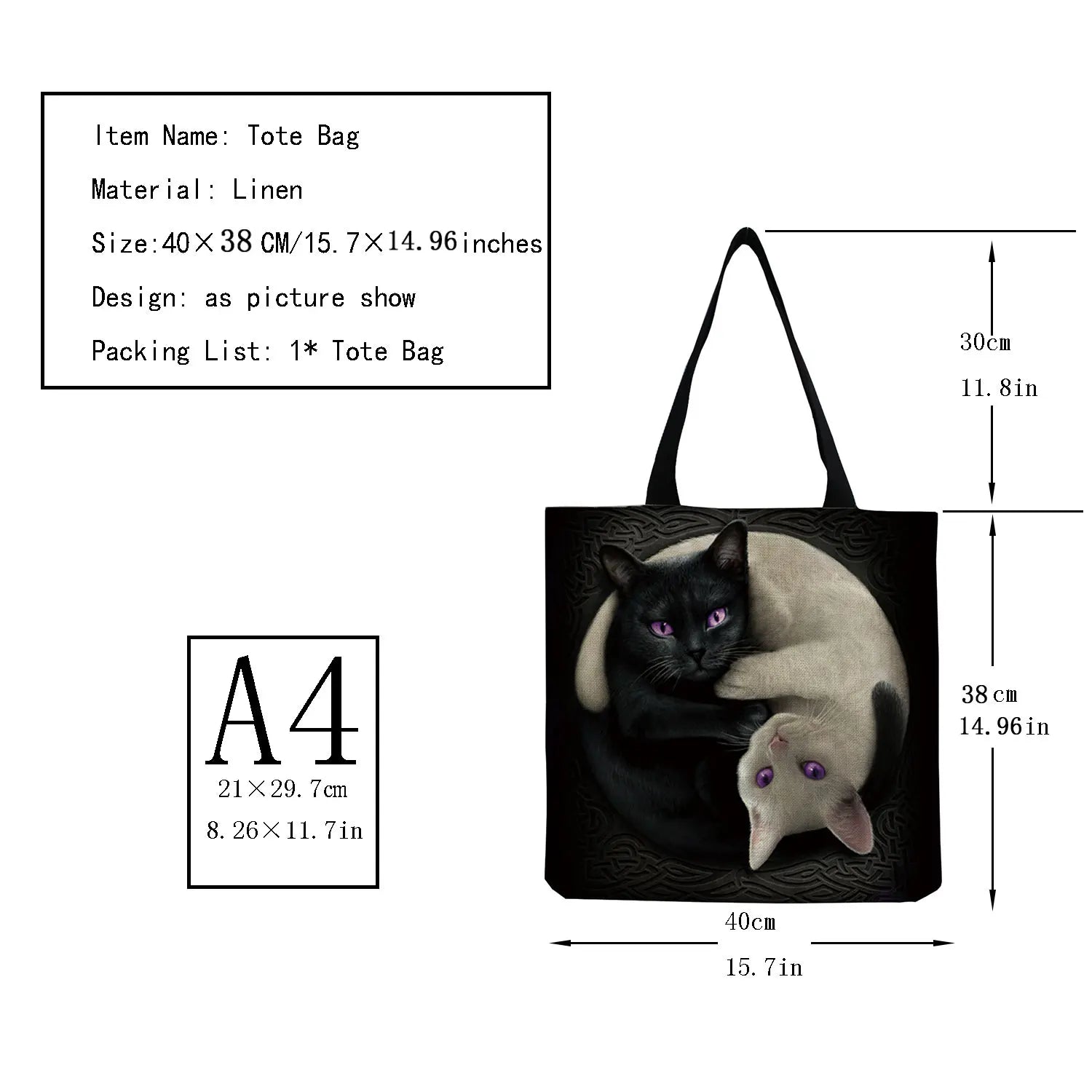 Cat Print Beach Bag Handbag Eco Friendly High Capacity Customizable
