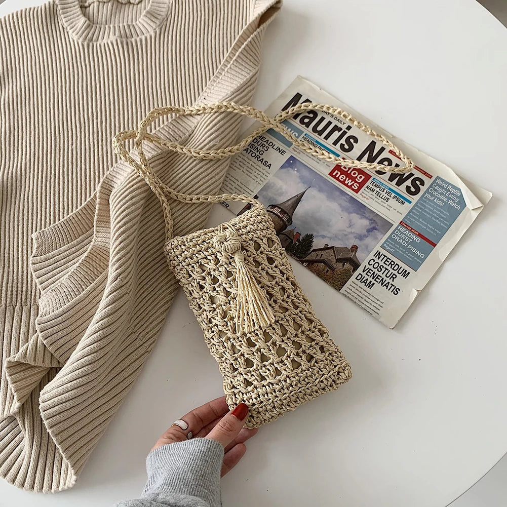 Vintage Straw Tassel Crossbody Bag for Summer Beach, Small Shoulder Bag 20x12cm