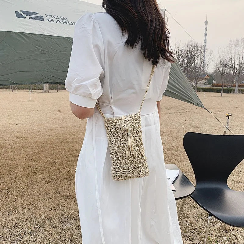 Vintage Straw Tassel Crossbody Bag for Beach Summer, Small Shoulder Bag