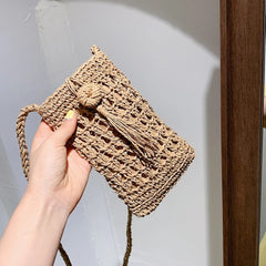 Vintage Straw Tassel Crossbody Bag for Summer Beach, Small Shoulder Bag 20x12cm
