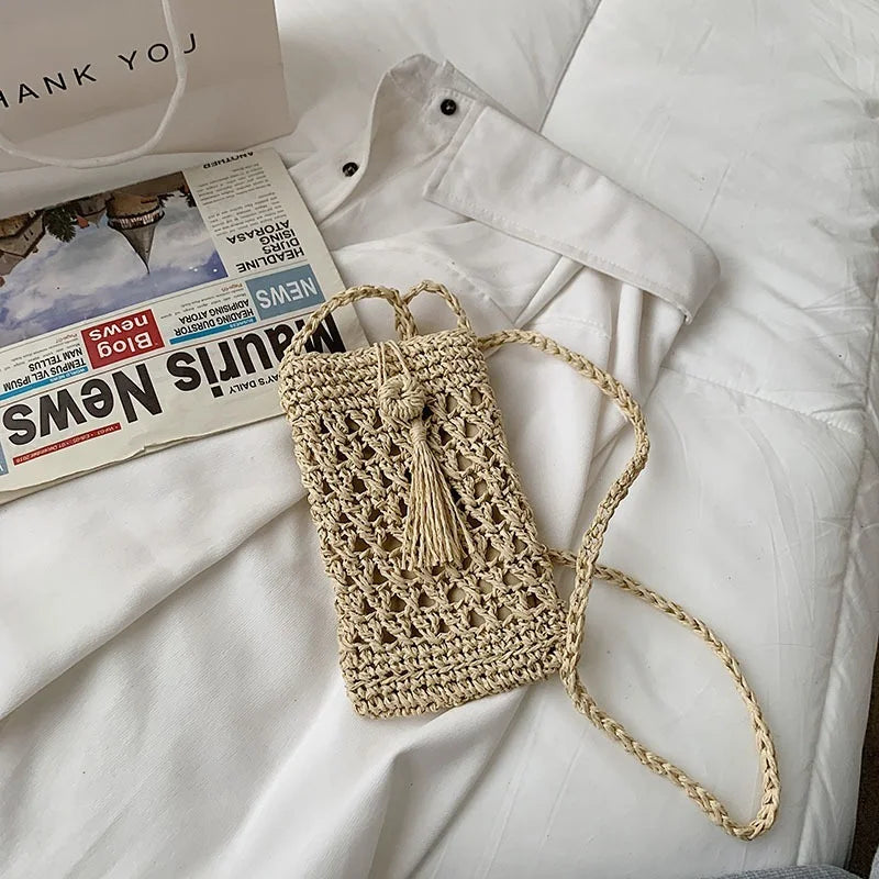 Vintage Straw Tassel Crossbody Bag for Beach Summer, Small Shoulder Bag