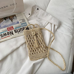 Vintage Straw Tassel Crossbody Bag for Beach Summer, Small Shoulder Bag