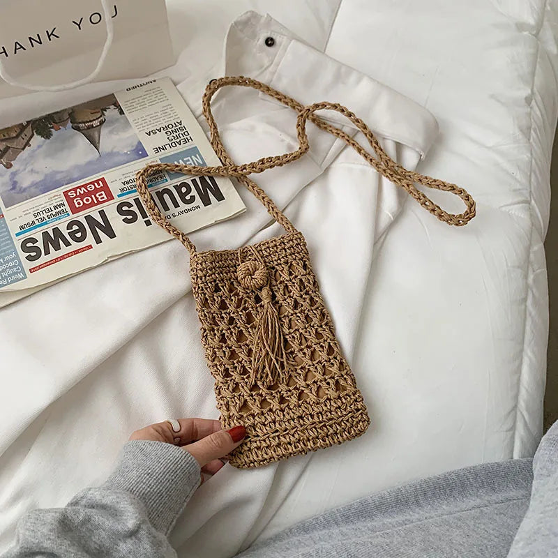 Vintage Straw Tassel Crossbody Bag for Beach Summer, Small Shoulder Bag