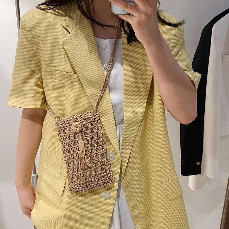 Vintage Straw Tassel Crossbody Bag for Beach Summer, Small Shoulder Bag