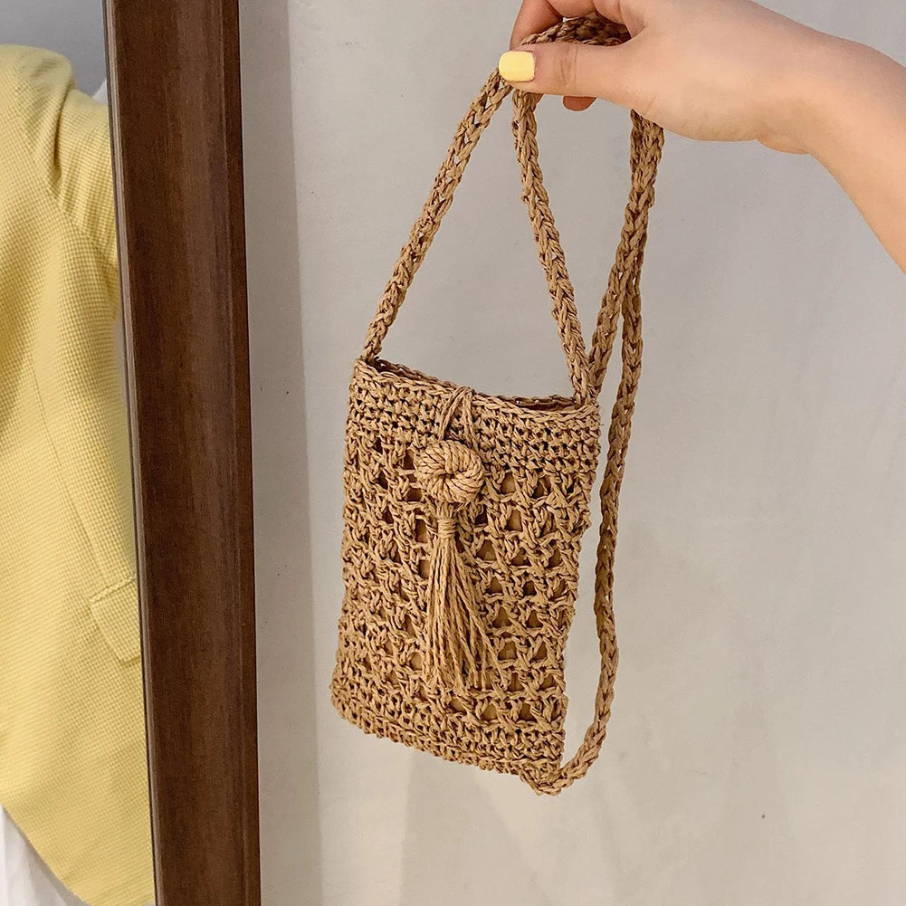 Vintage Straw Tassel Crossbody Bag for Summer Beach, Small Shoulder Bag 20x12cm