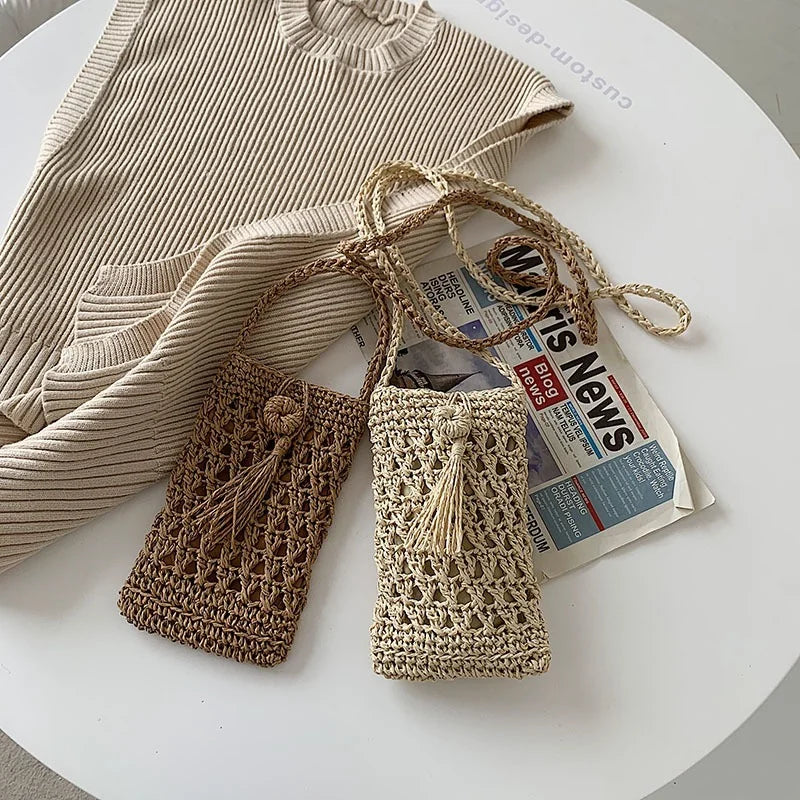Vintage Straw Tassel Crossbody Bag for Beach Summer, Small Shoulder Bag