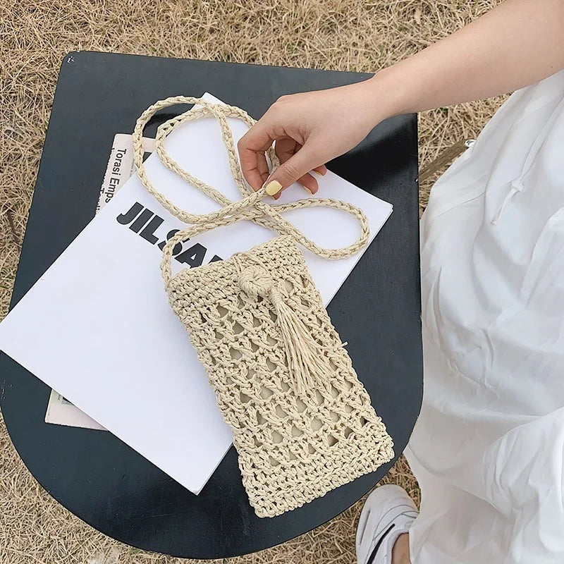 Vintage Straw Tassel Crossbody Bag for Beach Summer, Small Shoulder Bag
