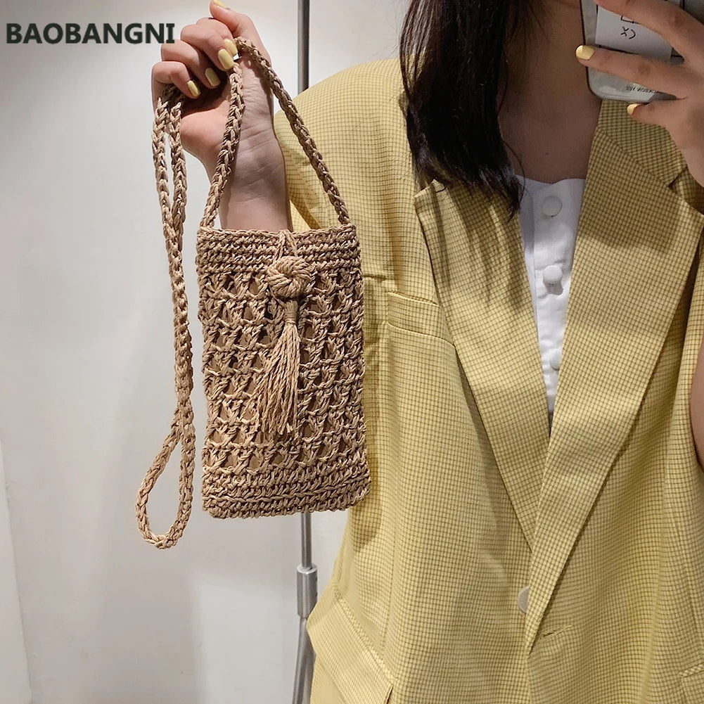 Beach Mobile Phone Bag Summer Mini Crossbody Straw Tassel Bag