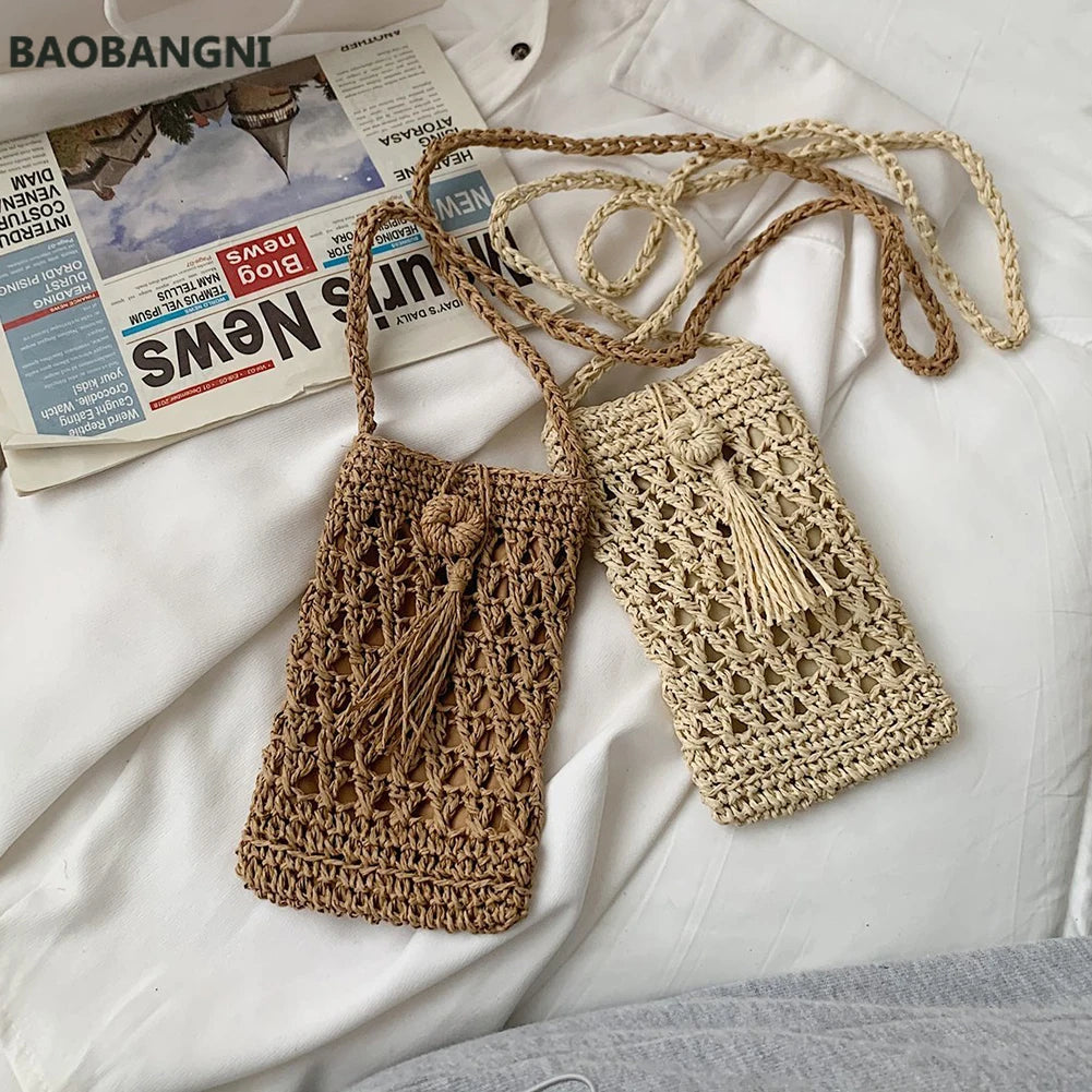 Beach Mobile Phone Bag Summer Mini Crossbody Straw Tassel Bag
