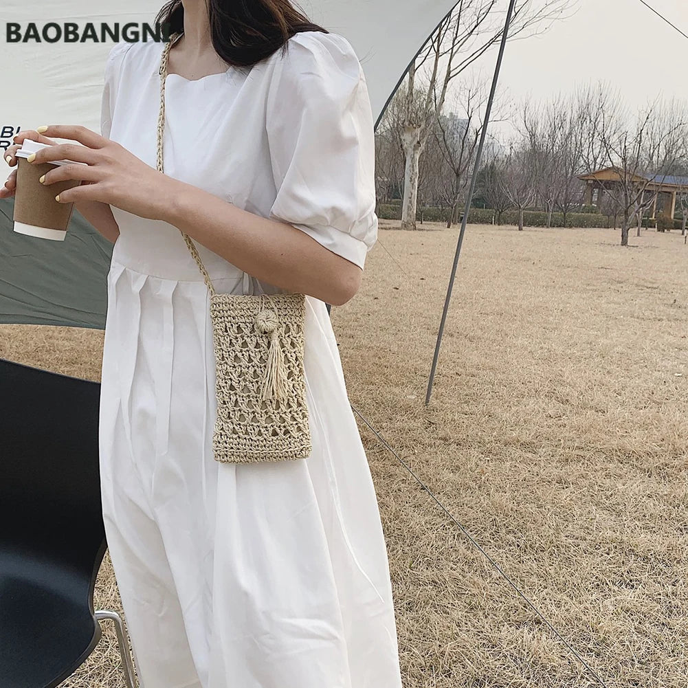 Beach Mobile Phone Bag Summer Mini Crossbody Straw Tassel Bag