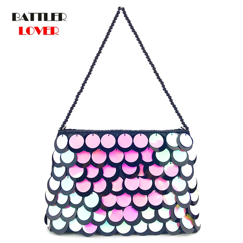 Sequined Clutch Purse Beaded Chains Shoulder Bag
