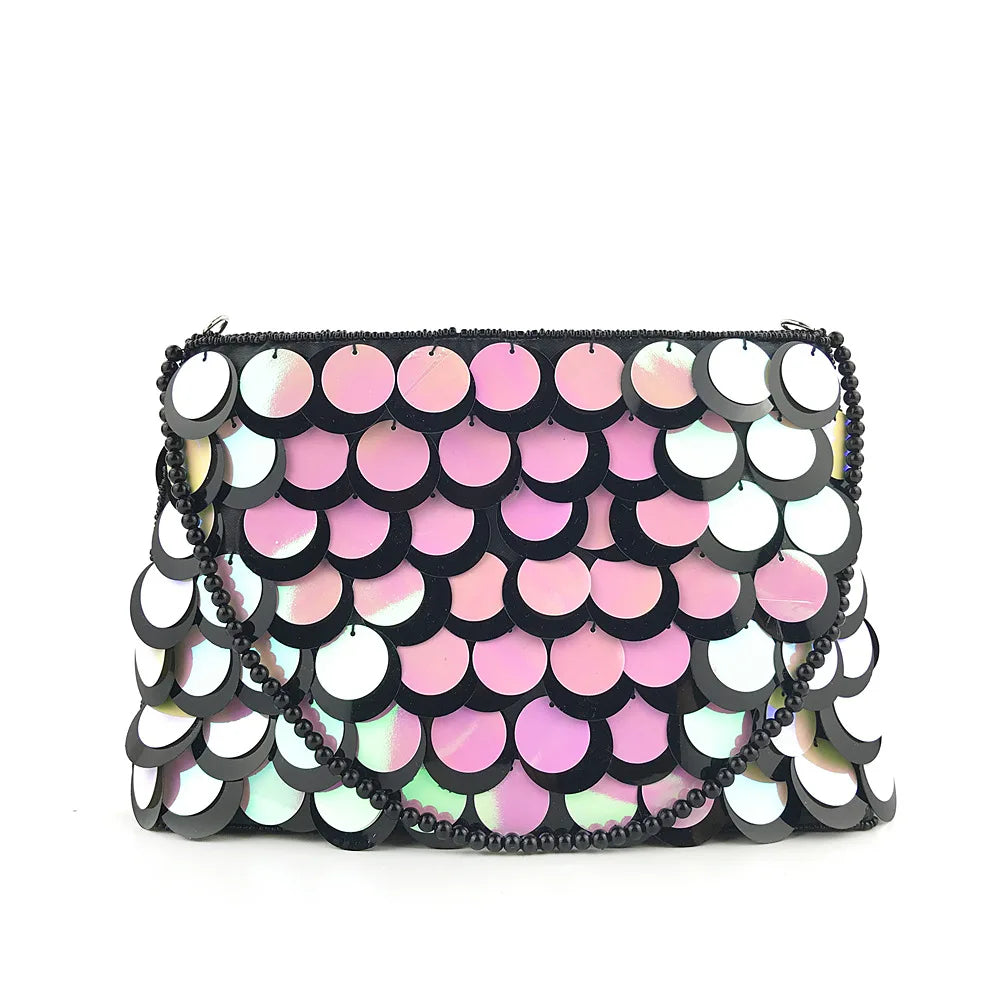 Sequined Clutch Purse Beaded Chains Shoulder Bag
