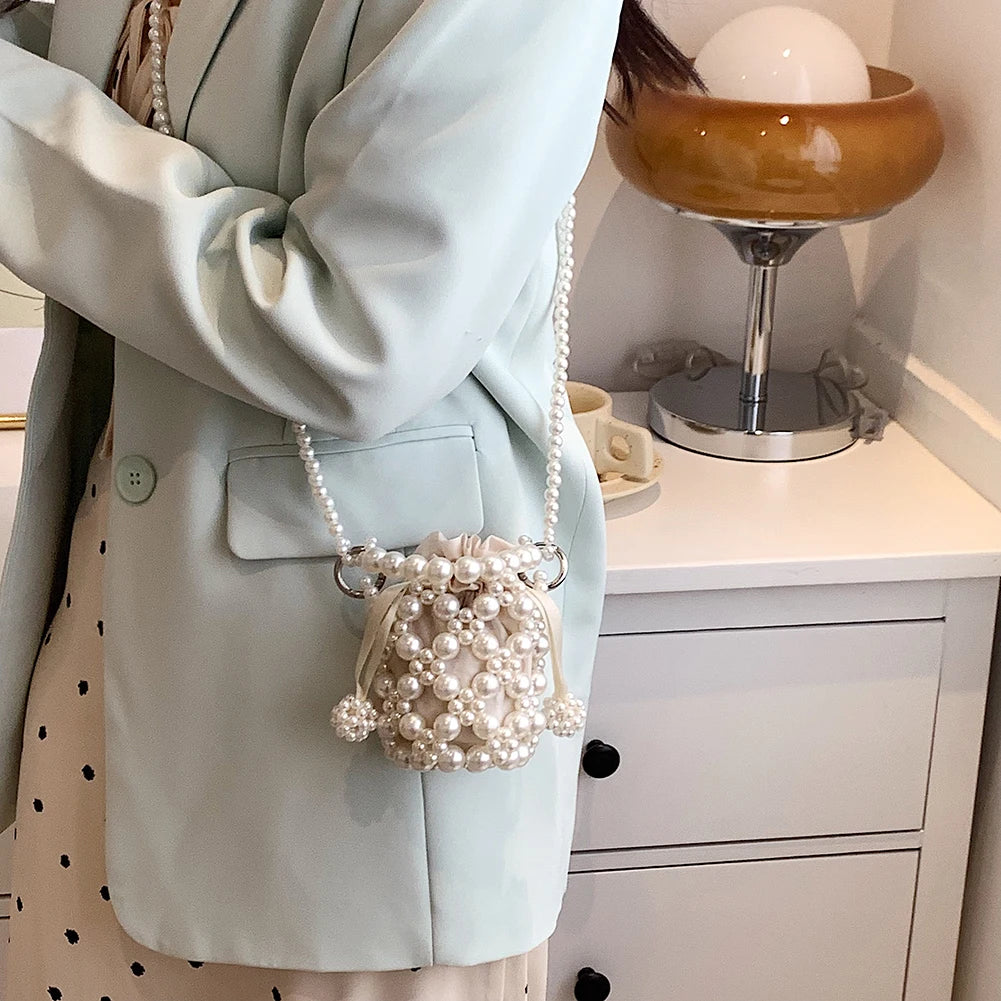 Beaded Pearls Shoulder Bag for Women Clutches Bucket Drawstring Messenger Handba
