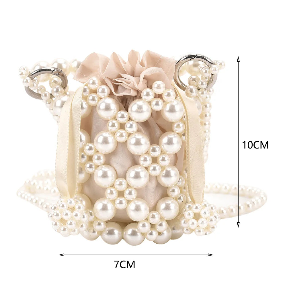 Beaded Pearls Shoulder Bag for Women Clutches Bucket Drawstring Messenger Handba