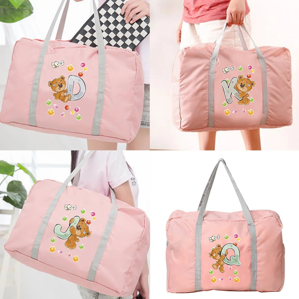 Bear Letter Series Travel Bags Unisex Nylon Foldable Luggage Pack