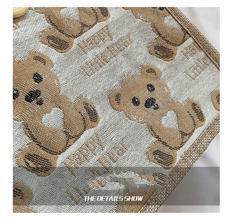 Japanese Bear Linen Tote Bag for Outing