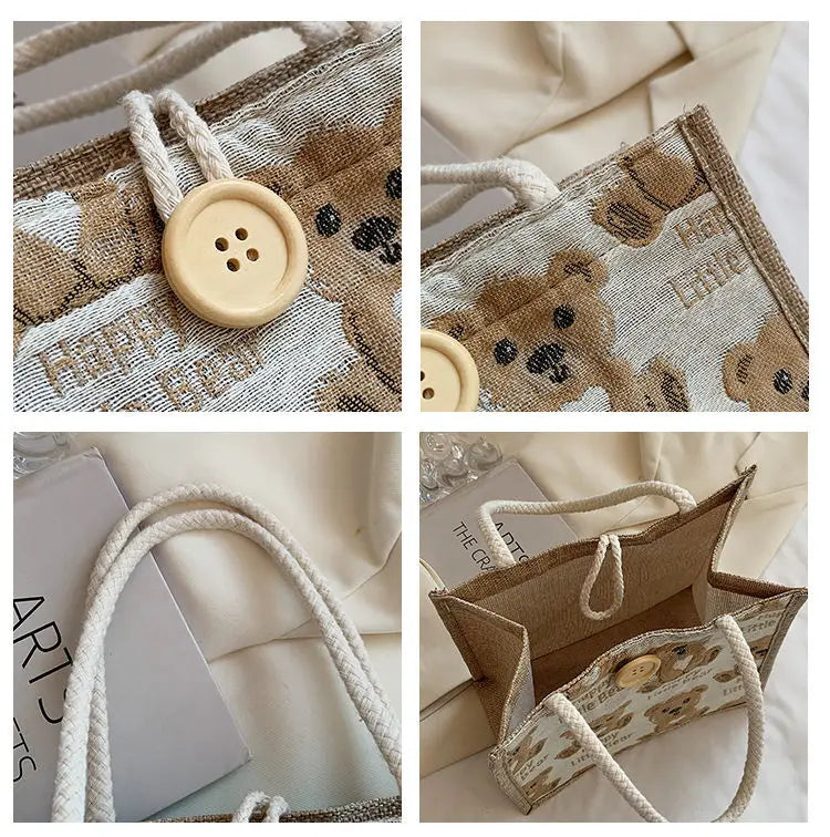 Japanese Bear Linen Tote Bag for Outing