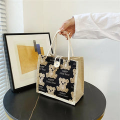 Japanese Bear Linen Tote Bag for Outing