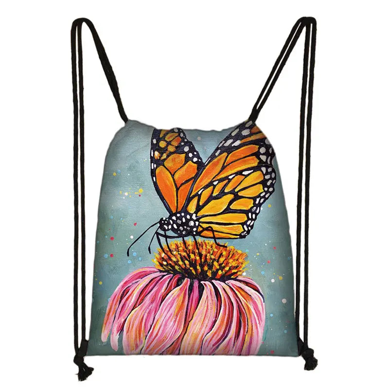 Butterfly Floral Backpack Softback Travel Ladies Drawstring Bags Teenager Girls