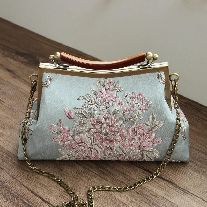 Vintage Floral Embroidery Shoulder Bag with Chain Fringe