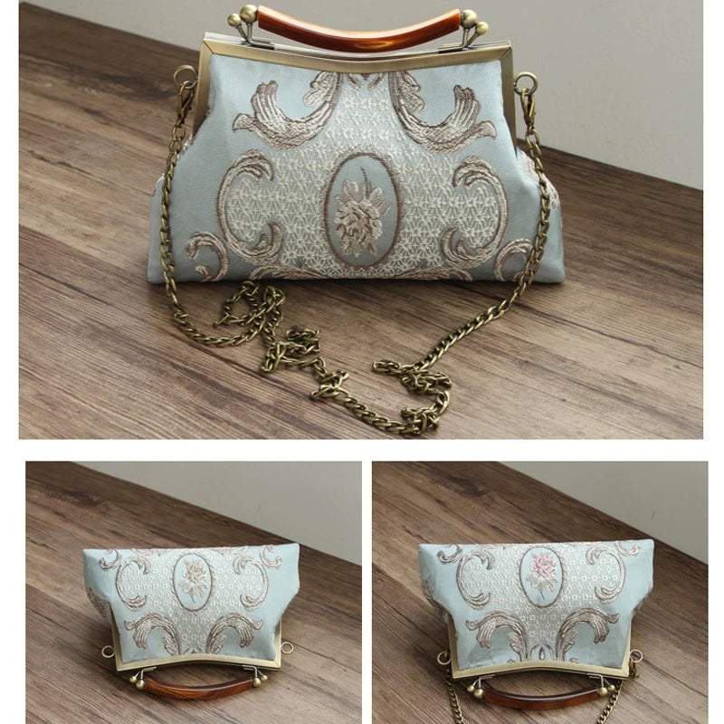 Vintage Floral Embroidery Shoulder Bag with Chain Fringe