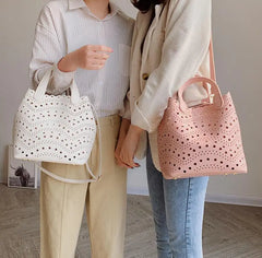 Beige Leather Handbags Tote Large Capacity Bucket Bag
