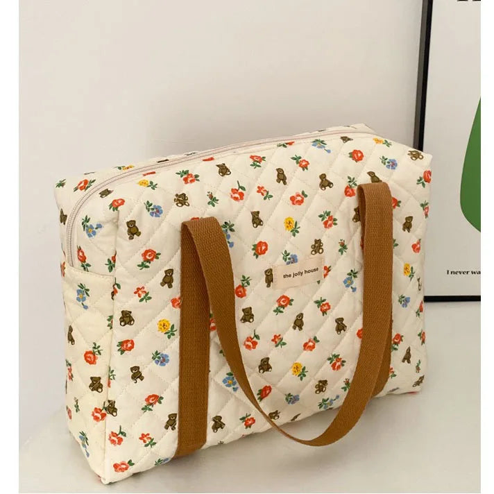 Bentoy Milkjoy Cartoon Bear Flower Quilted Cotton Shoulder Bag