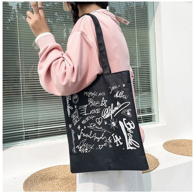 Black Canvas Shopper Handbag Reusable Shoulder Tote Bag
