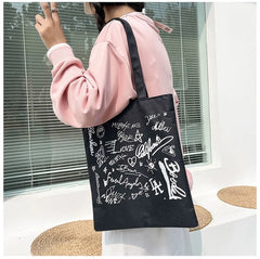 Black Canvas Shopper Handbag Reusable Shoulder Tote Bag