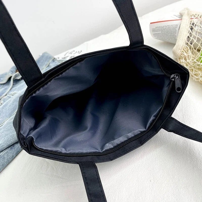 Black Canvas Shopper Handbag Reusable Shoulder Tote Bag