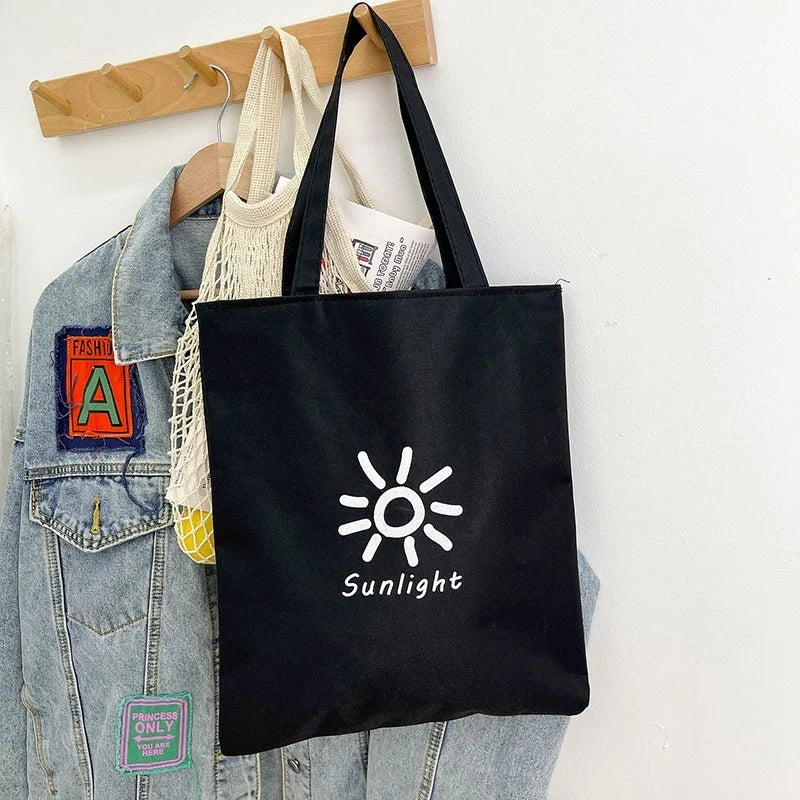 Black Canvas Shopper Handbag Reusable Shoulder Tote Bag