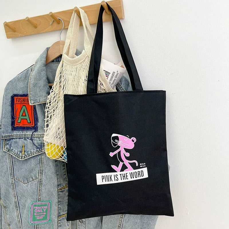 Black Canvas Shopper Handbag Reusable Shoulder Tote Bag