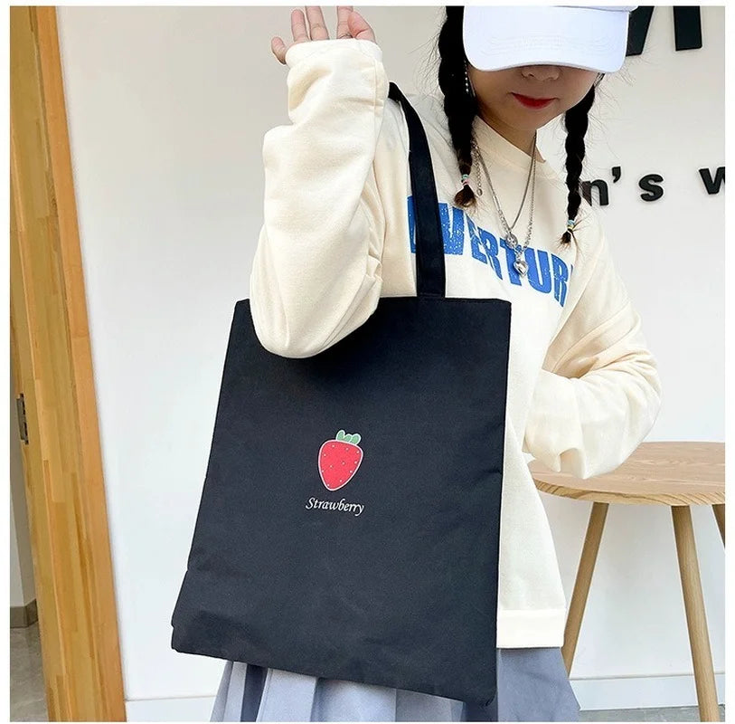 Black Canvas Shopper Handbag Reusable Shoulder Tote Bag
