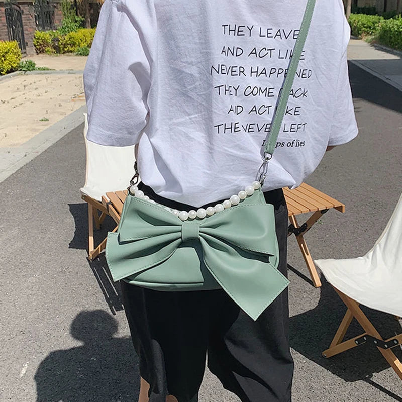 Big Bow Shoulder Bags Women Ins Sweet Pearls Streetwear Handbag