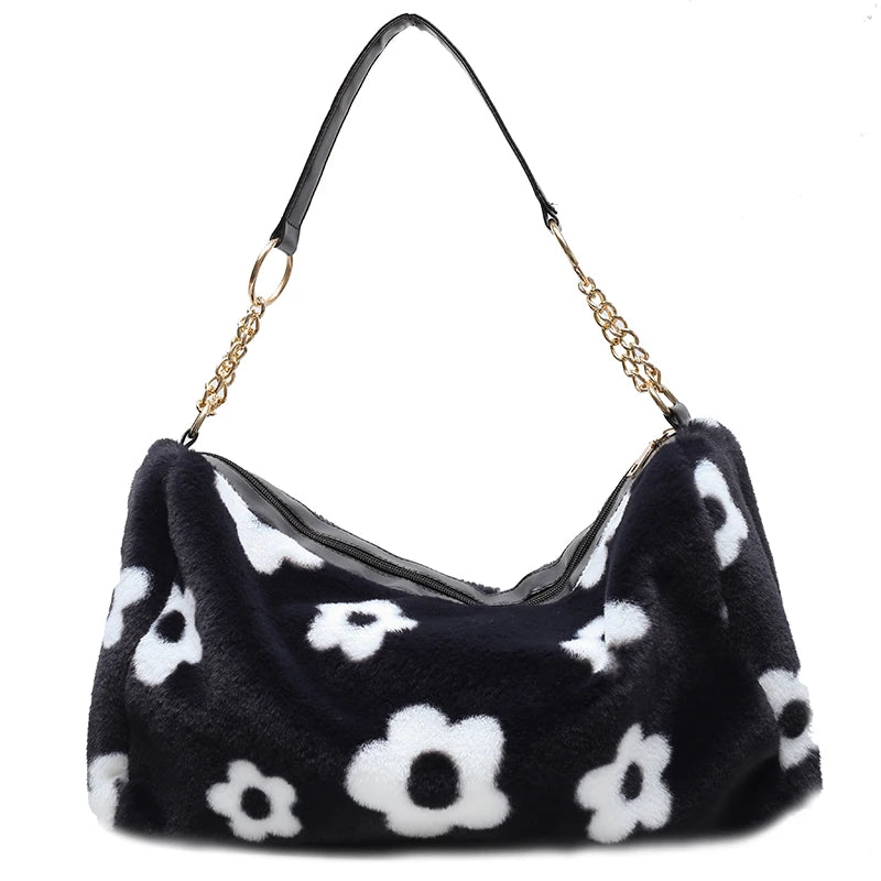 Floral Pattern Plush Shoulder Bag for Women Winter Crossbody Handbags