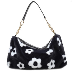 Floral Pattern Plush Shoulder Bag for Women Winter Crossbody Handbags