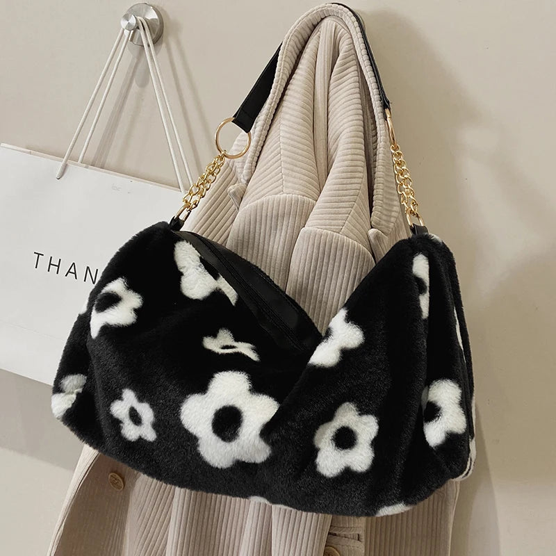 Floral Pattern Plush Shoulder Bag for Women Winter Crossbody Handbags